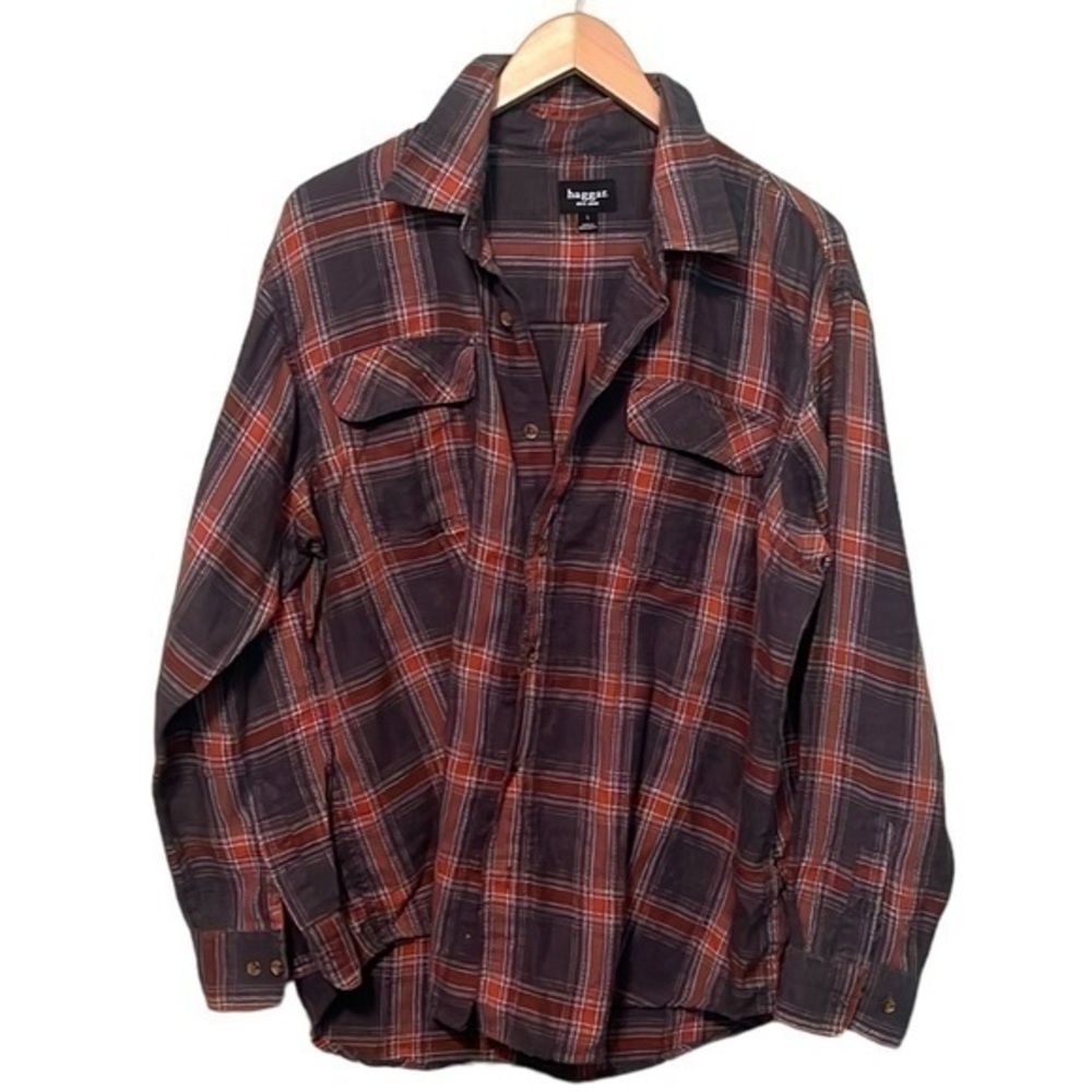 Haggar button up long sleeve plaid shirt men’s size large orange gray white